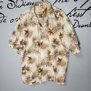 Pierre Cardin Tan and Brown Tropical Floral Short Sleeve Button Down, 2X